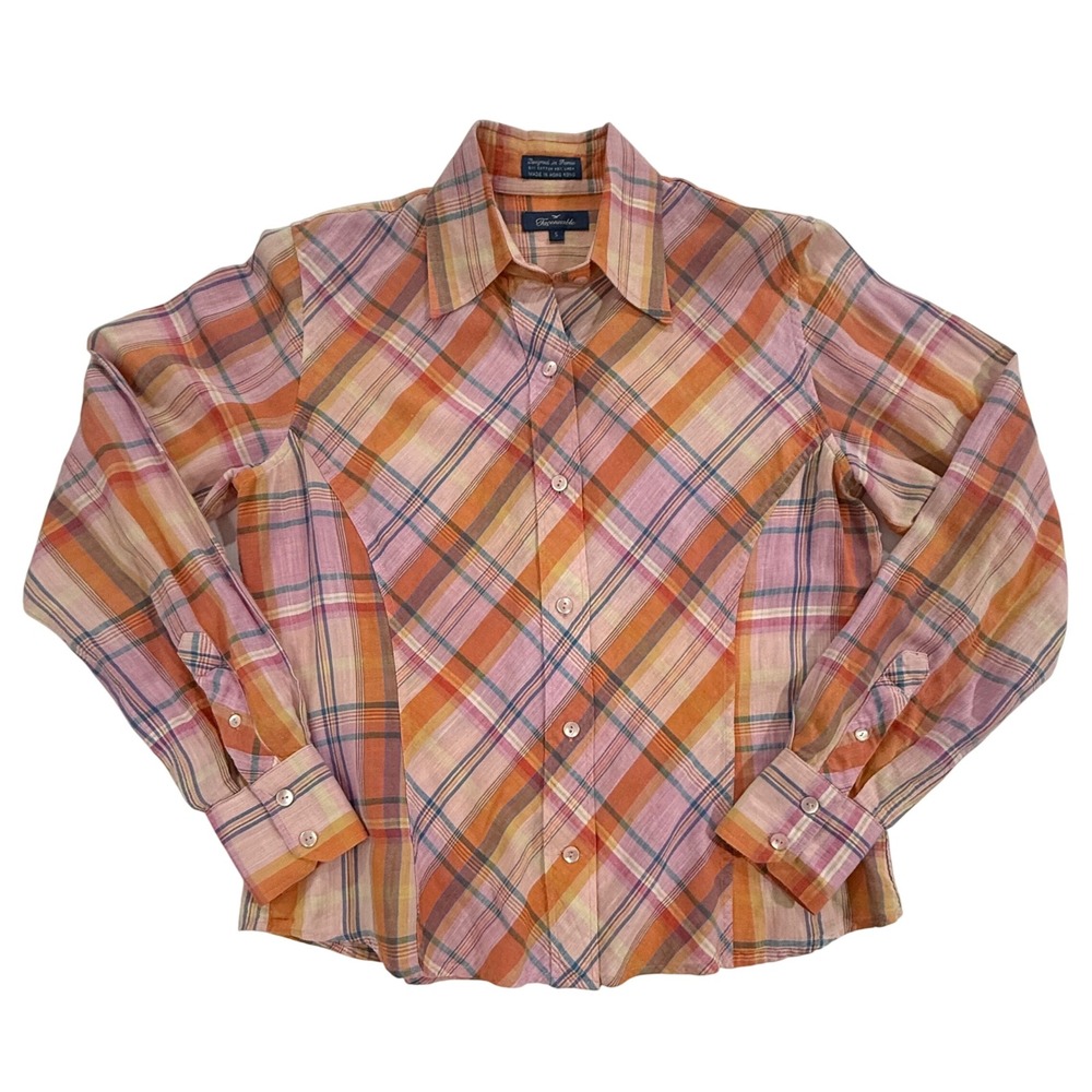 Facconable Women's Size S Plaid Button Down Shirt Long Sleeve Cotton Linen 337